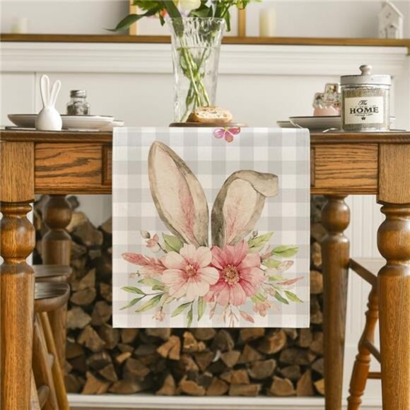 Buffalo Plaid Bunny Rabbit Ears Flower Easter Table Runner, Spring